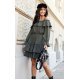 Rochie scurta kaki cu volane suprapuse maneca lunga si umeri goi Gianna 5 - jojofashion.ro