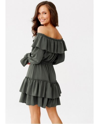 Rochie scurta kaki cu volane suprapuse maneca lunga si umeri goi Gianna Rochii de zi, Rochie scurta kaki cu volane suprapuse maneca lunga si umeri goi Gianna - jojofashion.ro