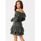 Rochie scurta kaki cu volane suprapuse maneca lunga si umeri goi Gianna 3 - jojofashion.ro