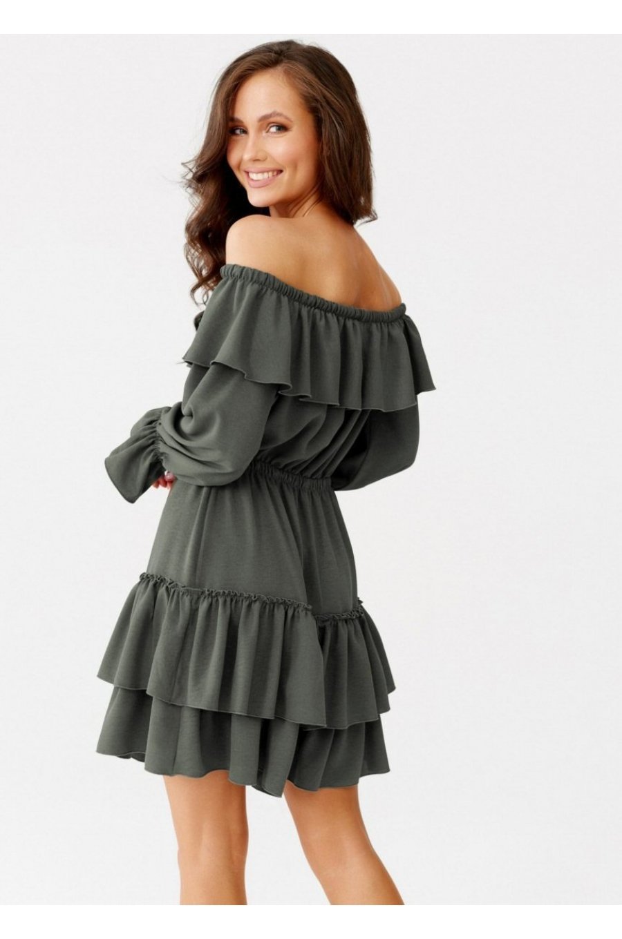 Rochie scurta kaki cu volane suprapuse maneca lunga si umeri goi Gianna 2 - jojofashion.ro