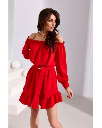 Rochie rosie scurta cu volane si umeri goi Hilda Rochii scurte, Rochie rosie scurta cu volane si umeri goi Hilda - jojofashion.ro