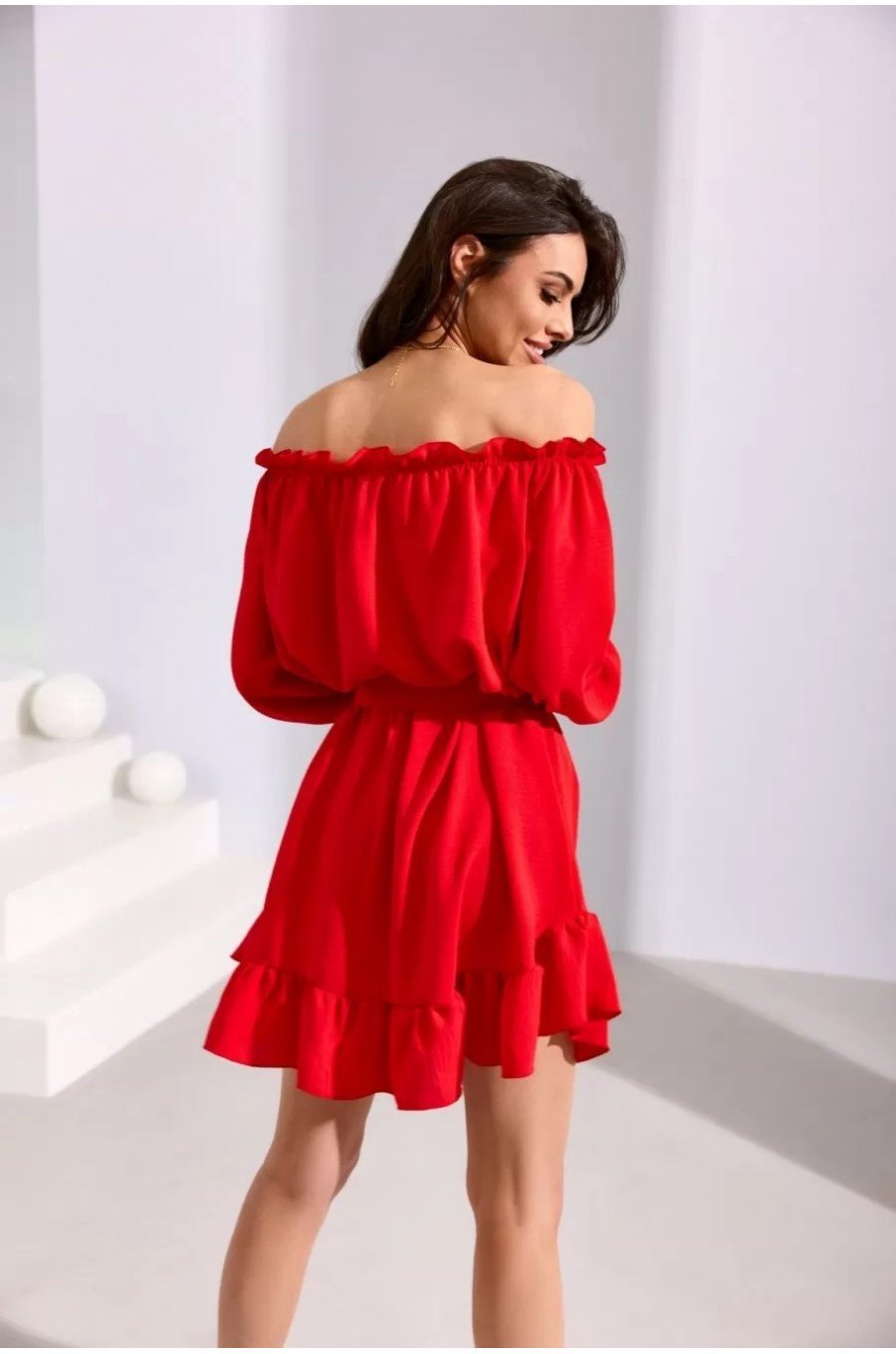 Rochie rosie scurta cu volane si umeri goi Hilda 2 - jojofashion.ro