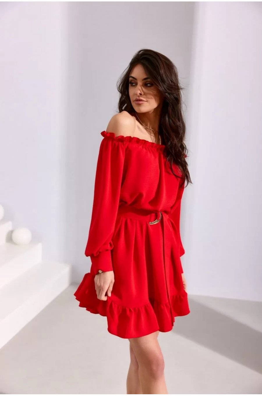 Rochie rosie scurta cu volane si umeri goi Hilda 3 - jojofashion.ro