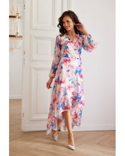 Rochie din chiffon ecru cu flori multicolore vaporoasa cu maneca lunga Fiorella Rochii vaporoase, Rochie din chiffon ecru cu flori multicolore vaporoasa cu maneca lunga Fiorella - jojofashion.ro