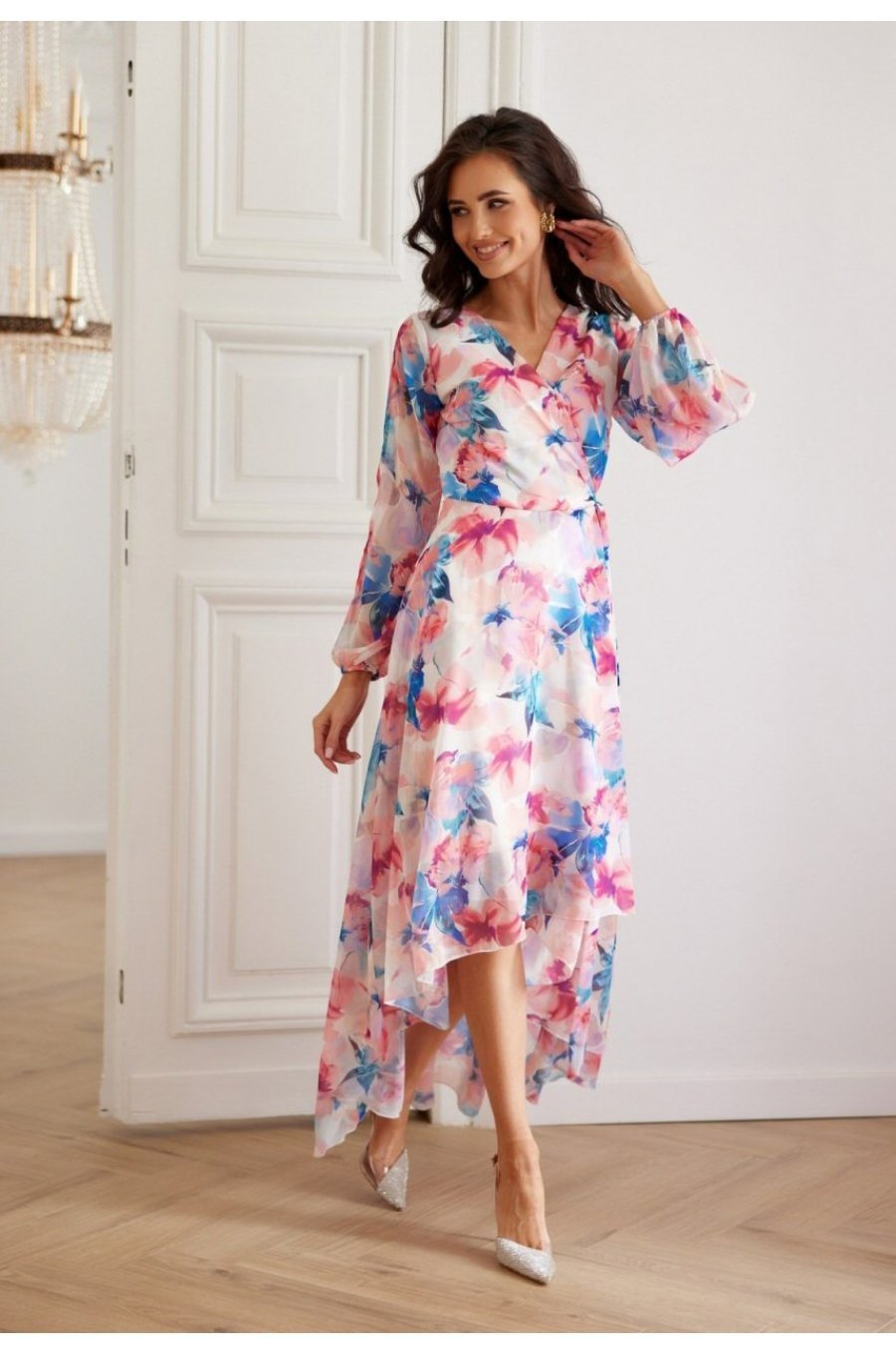 Rochie din chiffon ecru cu flori multicolore vaporoasa cu maneca lunga Fiorella 1 - jojofashion.ro