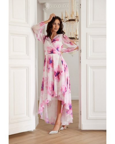 Rochie din chiffon ecru cu flori roz vaporoasa cu maneca lunga Fiorella Rochii de zi, Rochie din chiffon ecru cu flori roz vaporoasa cu maneca lunga Fiorella - jojofashion.ro
