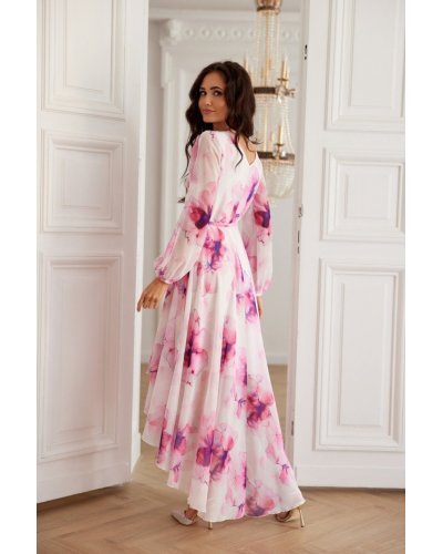 Rochie din chiffon ecru cu flori roz vaporoasa cu maneca lunga Fiorella Rochii de zi, Rochie din chiffon ecru cu flori roz vaporoasa cu maneca lunga Fiorella - jojofashion.ro