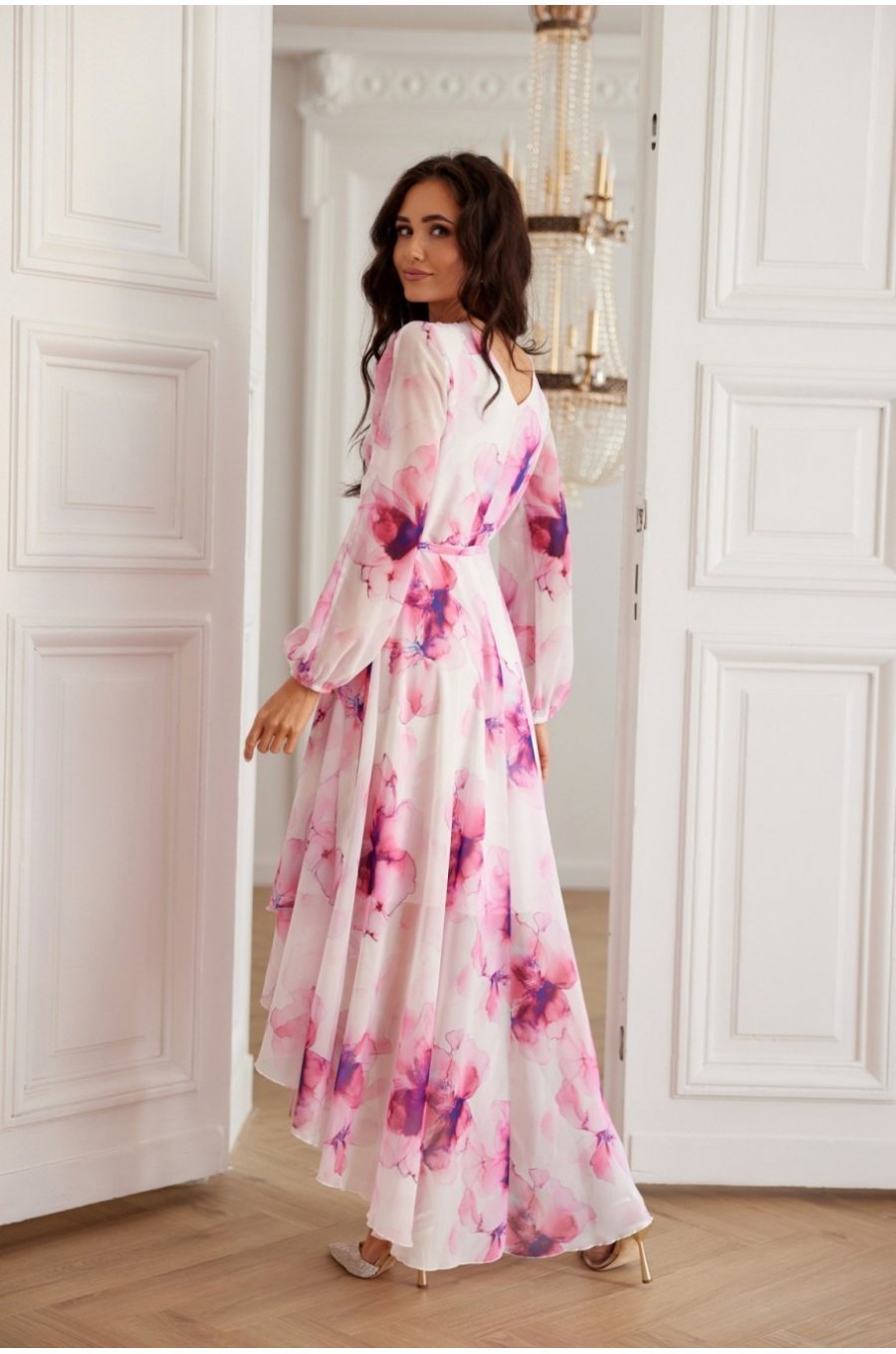 Rochie din chiffon ecru cu flori roz vaporoasa cu maneca lunga Fiorella 2 - jojofashion.ro