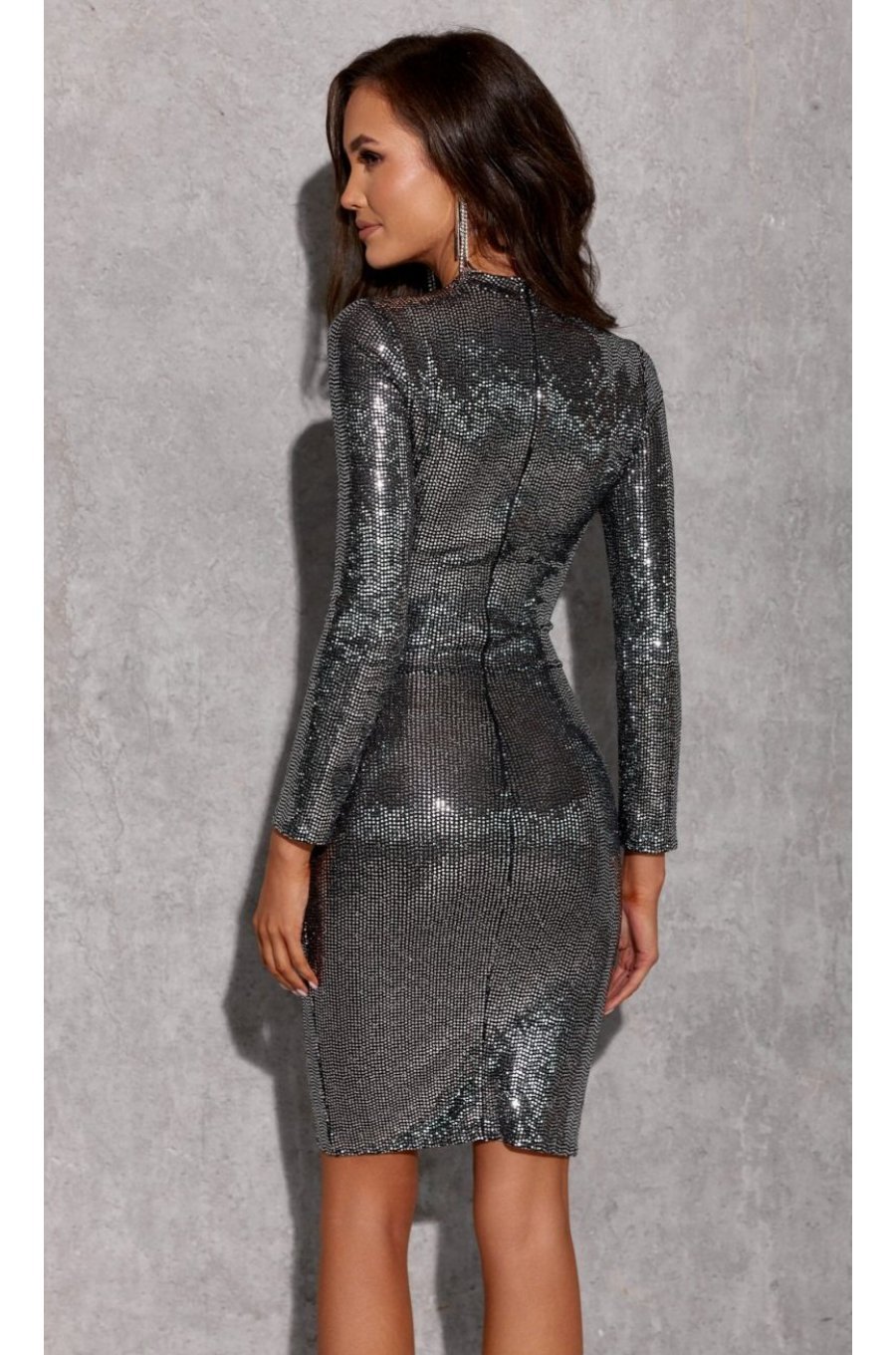 Rochie scurta mulata argintie din paiete cu maneca lunga Millane 2 - jojofashion.ro