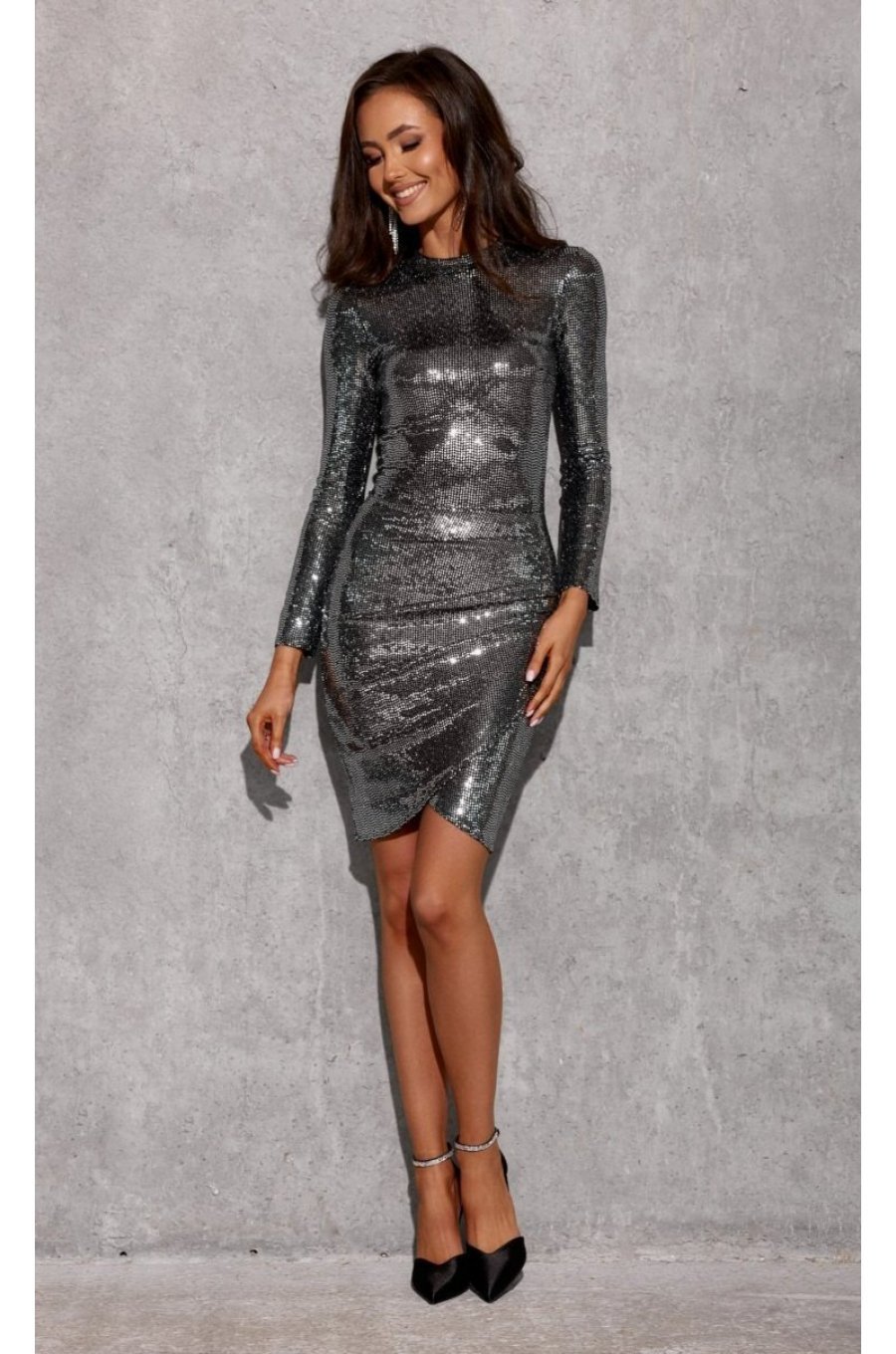 Rochie scurta mulata argintie din paiete cu maneca lunga Millane 3 - jojofashion.ro