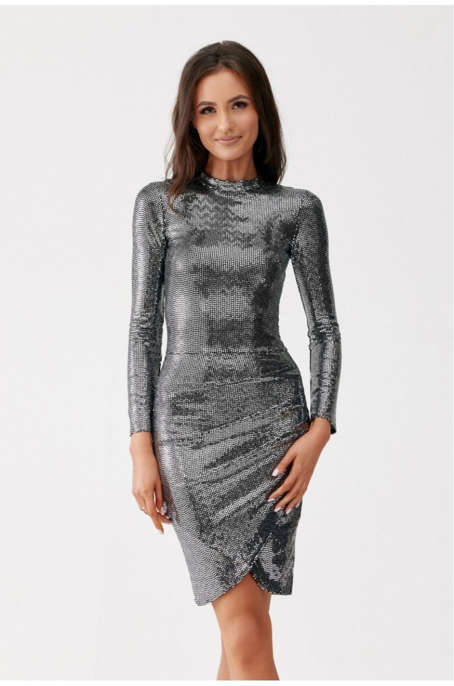 Rochie scurta mulata argintie din paiete cu maneca lunga Millane 4 - jojofashion.ro