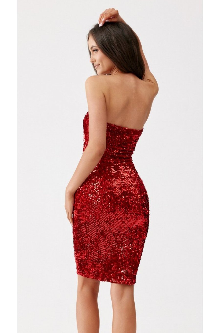 Rochie scurta rosie mulata din paiete cu umerii goi Behamin 4 - jojofashion.ro