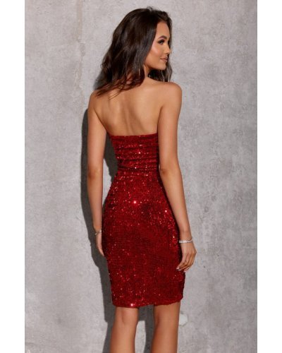 Rochii paiete, Rochie scurta rosie mulata din paiete cu umerii goi Behamin - jojofashion.ro