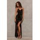 Rochie din satin lunga, neagra, crapata pe picior, petrecuta, Lamelia 2 - jojofashion.ro