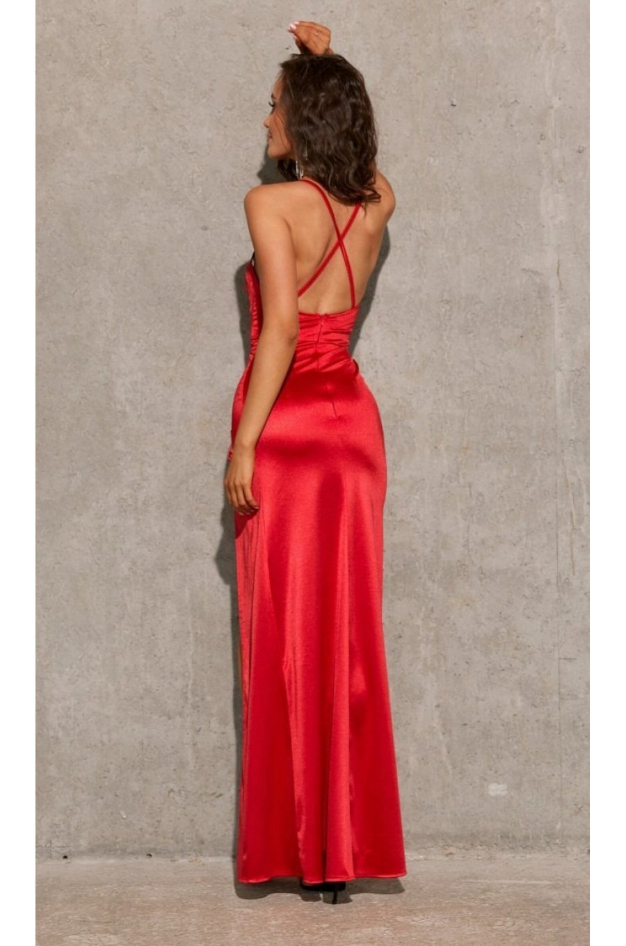 Rochie lunga rosie din satin Lamelia 2 - jojofashion.ro