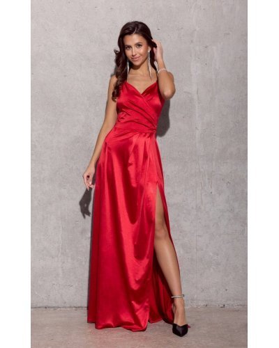 Rochie din satin rosie lunga petrecuta SalmaR  Rochii lungi, Rochie din satin rosie lunga petrecuta SalmaR  - jojofashion.ro