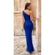 Rochie eleganta lunga, din brocard, albastra, mulata, cu un umar gol, Elaisa 3 - jojofashion.ro