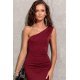 Rochie eleganta lunga, din brocard, burgundy, mulata, cu un umar gol, Elaisa 4 - jojofashion.ro