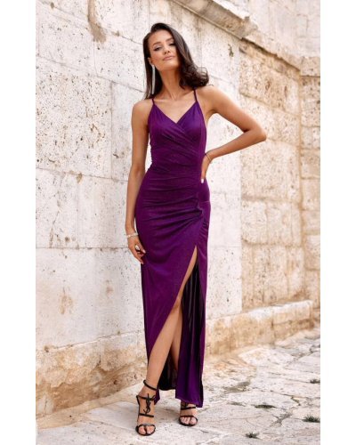Rochie lunga mulata din brocard mov cu spatele gol Frida Rochii, Rochie lunga mulata din brocard mov cu spatele gol Frida - jojofashion.ro