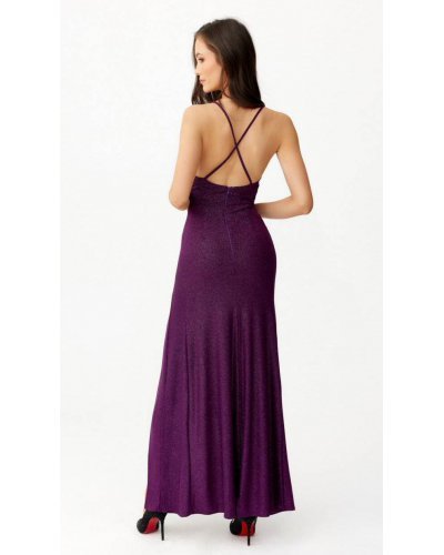 Rochie lunga mulata din brocard mov cu spatele gol Frida Rochii, Rochie lunga mulata din brocard mov cu spatele gol Frida - jojofashion.ro