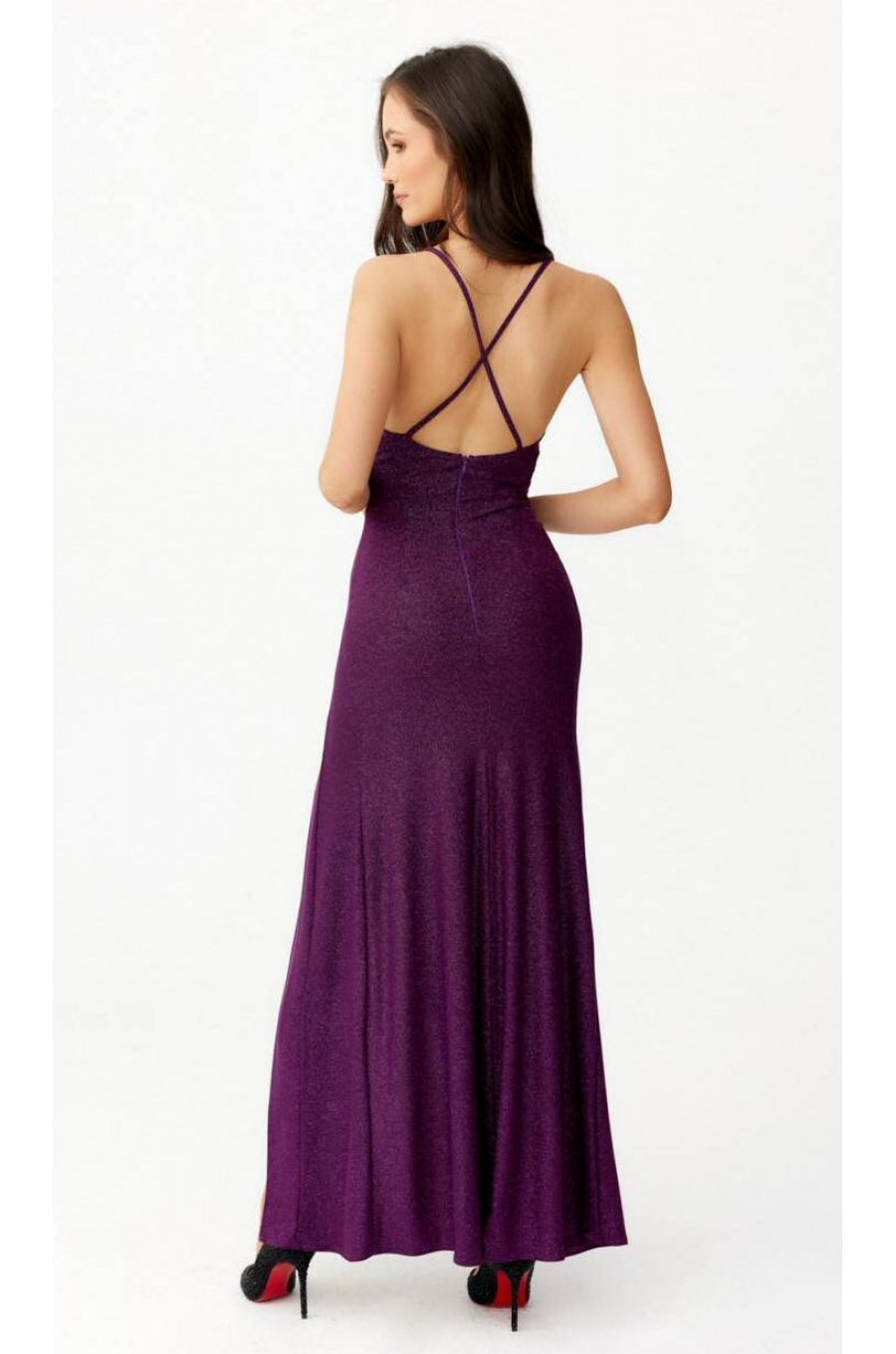 Rochie lunga mulata din brocard mov cu spatele gol Frida 2 - jojofashion.ro
