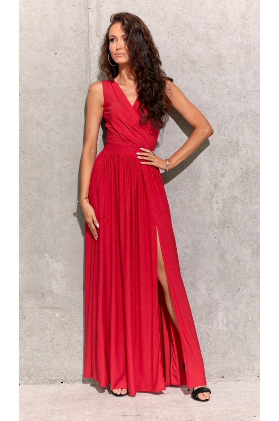 Rochie lunga rosie din brocard petrecuta Carminda 1 - jojofashion.ro