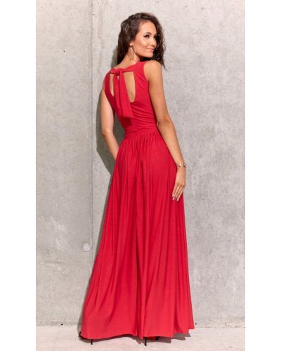 Rochie lunga rosie din brocard petrecuta Carminda - jojofashion.ro