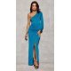 Rochie lunga din brocard turcoaz cu un umar gol si maneca lunga Narcisse 2 - jojofashion.ro