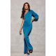 Rochie lunga din brocard turcoaz cu un umar gol si maneca lunga Narcisse 3 - jojofashion.ro