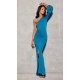 Rochie lunga din brocard turcoaz cu un umar gol si maneca lunga Narcisse 4 - jojofashion.ro