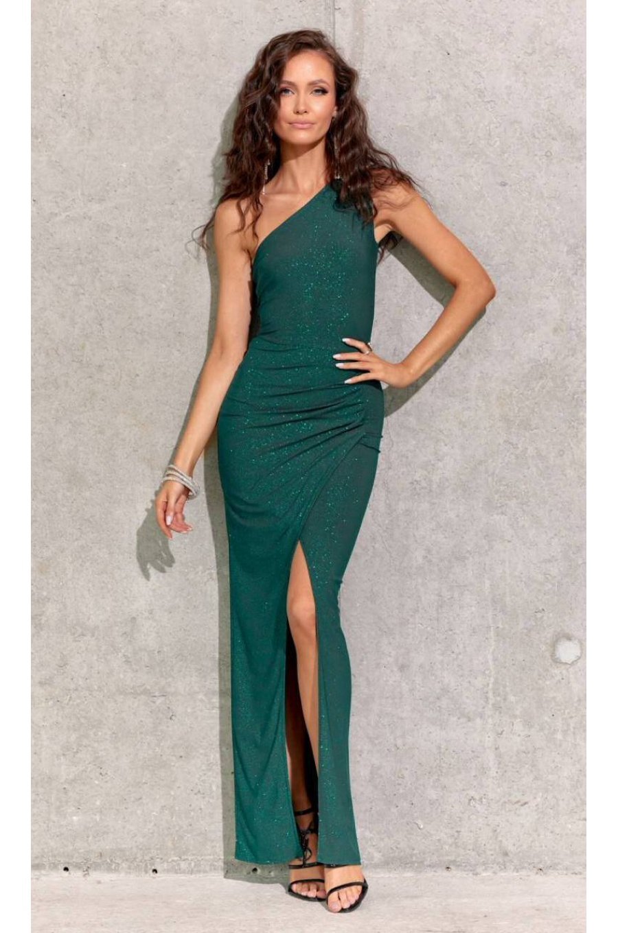 Rochie eleganta lunga, din brocard, verde, mulata, cu un umar gol, Elaisa 1 - jojofashion.ro