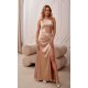 Rochie lunga din satin bej cu un umar gol Inez 2 - jojofashion.ro