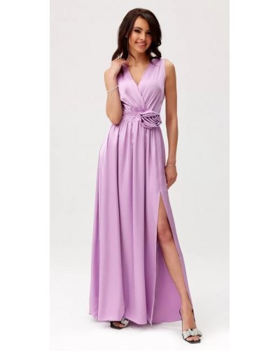 Rochie eleganta lunga, din satin, lila, cu floare in talie, PalomaR Rochii lungi, Rochie eleganta lunga, din satin, lila, cu floare in talie, PalomaR - jojofashion.ro