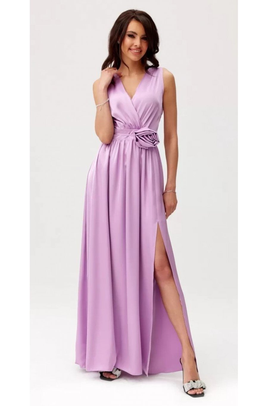 Rochie eleganta lunga, din satin, lila, cu floare in talie, PalomaR 1 - jojofashion.ro