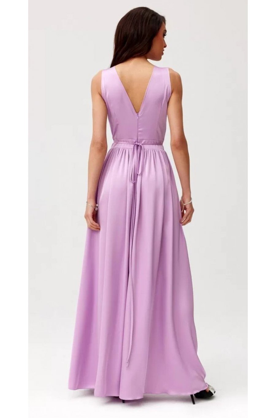 Rochie eleganta lunga, din satin, lila, cu floare in talie, PalomaR 2 - jojofashion.ro