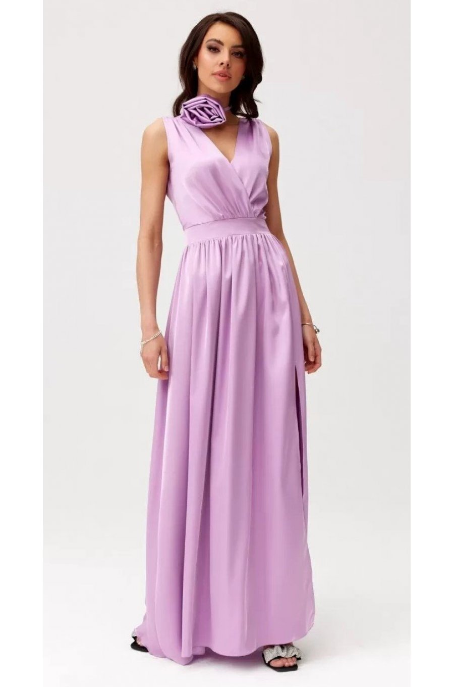 Rochie eleganta lunga, din satin, lila, cu floare in talie, PalomaR 3 - jojofashion.ro