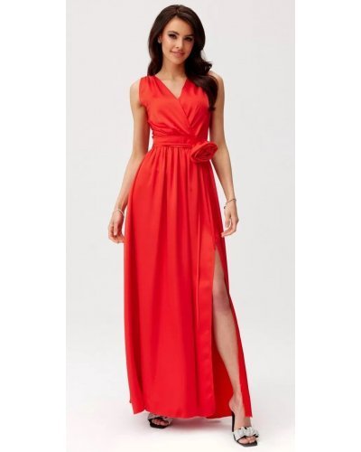 Rochie eleganta lunga, din satin, rosie, cu floare in talie, PalomaR Rochii lungi, Rochie eleganta lunga, din satin, rosie, cu floare in talie, PalomaR - jojofashion.ro