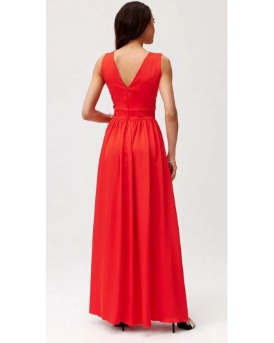 Rochie eleganta lunga, din satin, rosie, cu floare in talie, PalomaR Rochii lungi, Rochie eleganta lunga, din satin, rosie, cu floare in talie, PalomaR - jojofashion.ro