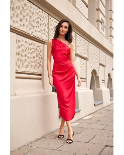 Rochie eleganta lunga, din satin, rosie, mulata, cu un umar gol, Lamia Rochii rosii, Rochie eleganta lunga, din satin, rosie, mulata, cu un umar gol, Lamia - jojofashion.ro