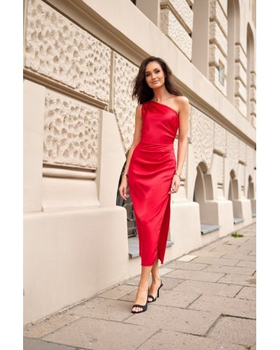 Rochie eleganta lunga, din satin, rosie, mulata, cu un umar gol, Lamia Rochii rosii, Rochie eleganta lunga, din satin, rosie, mulata, cu un umar gol, Lamia - jojofashion.ro