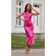 Rochie eleganta lunga, din satin roz fucsia, mulata, cu un umar gol, Lamia 2 - jojofashion.ro