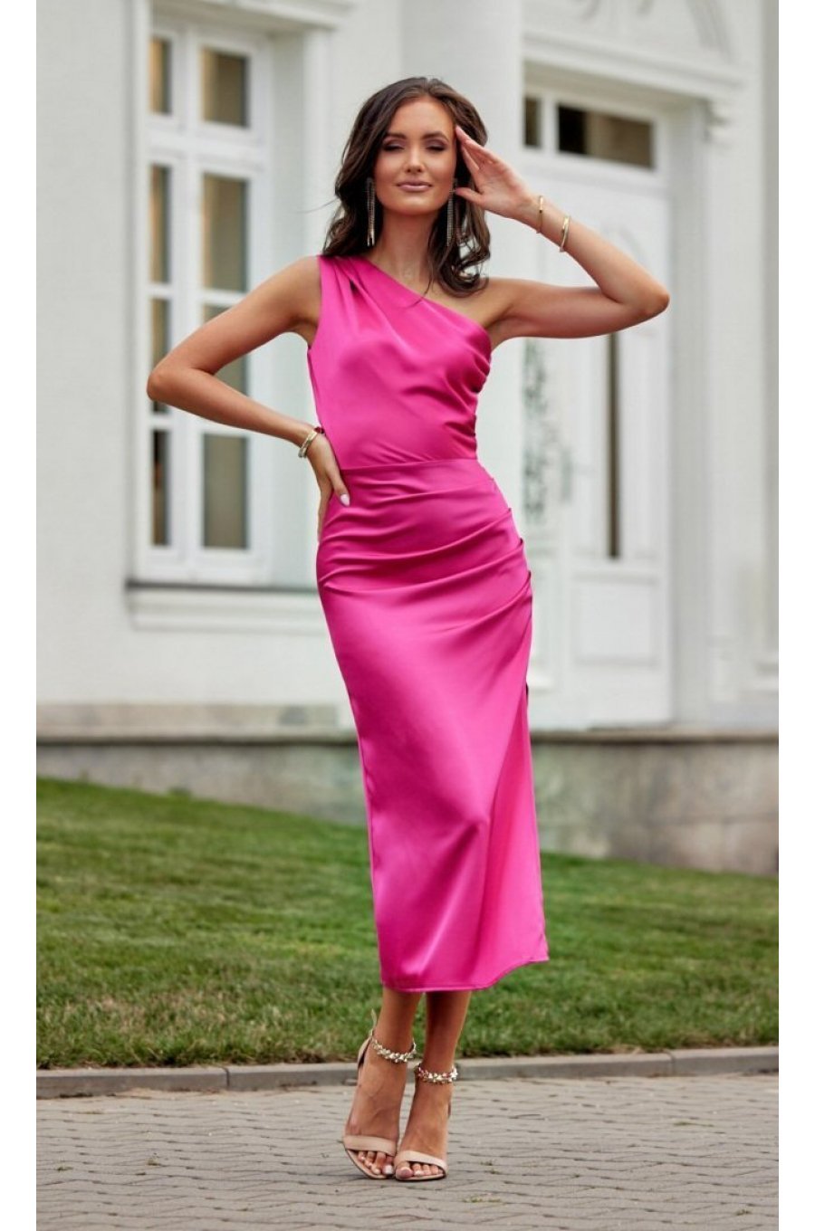 Rochie eleganta lunga, din satin roz fucsia, mulata, cu un umar gol, Lamia 1 - jojofashion.ro