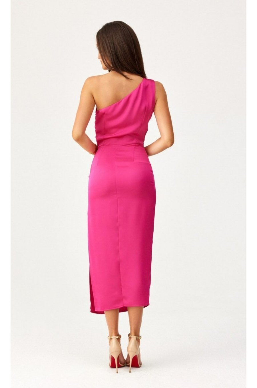 Rochie eleganta lunga, din satin roz fucsia, mulata, cu un umar gol, Lamia 3 - jojofashion.ro