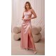 Rochie lunga din satin roz pal cu un umar gol Inez 2 - jojofashion.ro
