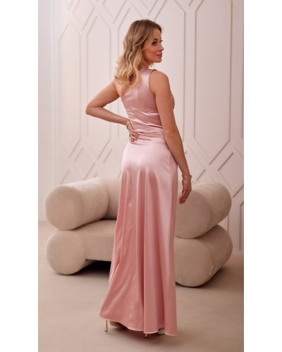 Rochie lunga din satin roz pal cu un umar gol Inez Rochii lungi, Rochie lunga din satin roz pal cu un umar gol Inez - jojofashion.ro