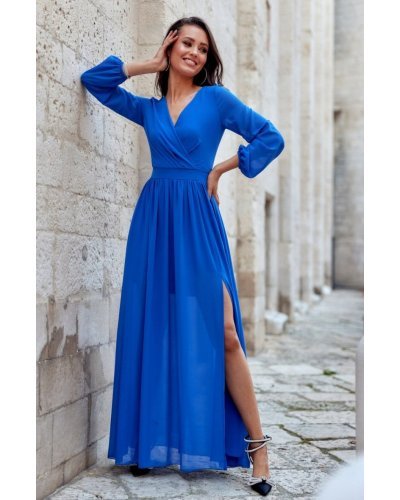 Rochie lunga albastra din voal chiffon vaporoasa cu maneca lunga Stella Rochii lungi, Rochie lunga albastra din voal chiffon vaporoasa cu maneca lunga Stella - jojofashion.ro