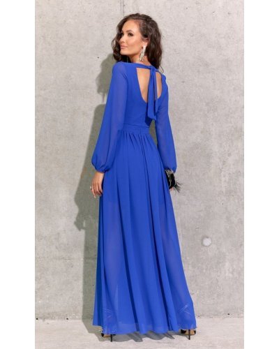 Rochie lunga albastra din voal chiffon vaporoasa cu maneca lunga Stella Rochii lungi, Rochie lunga albastra din voal chiffon vaporoasa cu maneca lunga Stella - jojofashion.ro