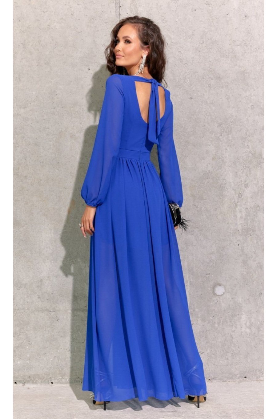 Rochie lunga albastra din voal chiffon vaporoasa cu maneca lunga Stella 2 - jojofashion.ro