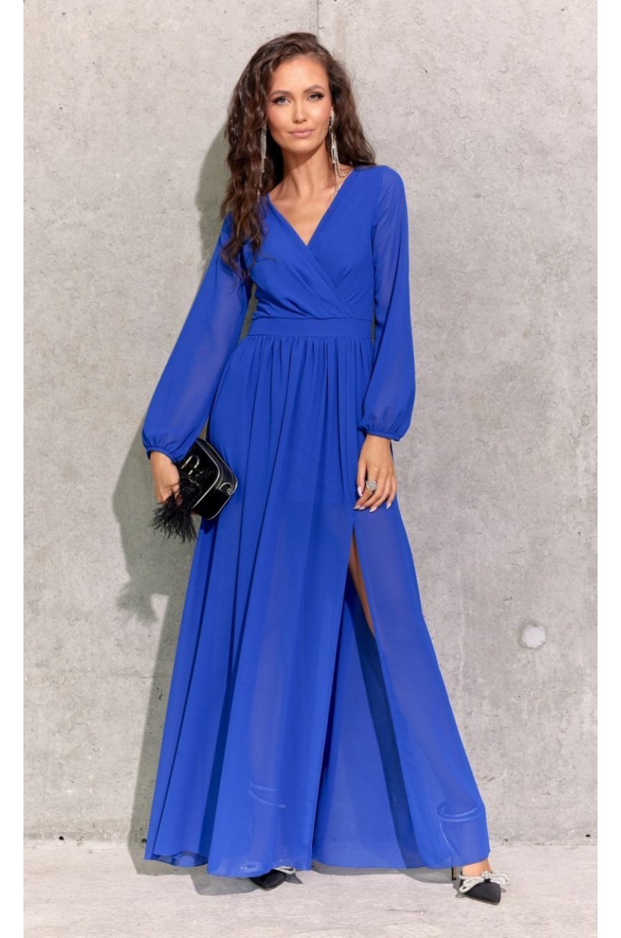 Rochie lunga albastra din voal chiffon vaporoasa cu maneca lunga Stella 3 - jojofashion.ro