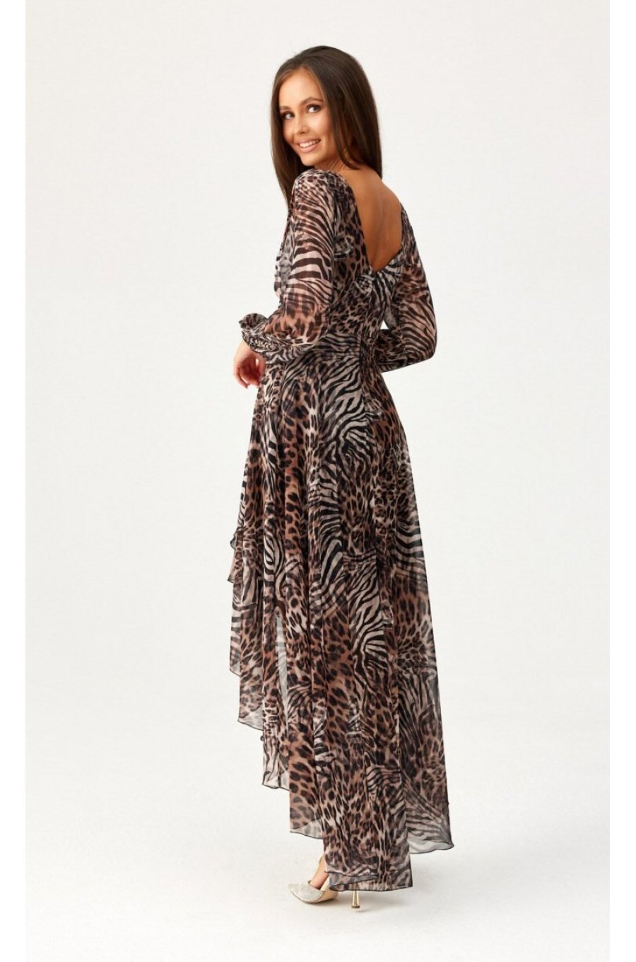 Rochie din voal lunga animal print cu maneca lunga vaporoasa Sureya 2 - jojofashion.ro